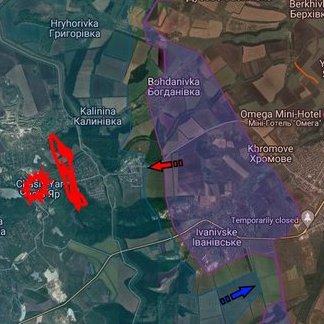 #Ukraine #ChasivYar #Russia Der SturmAngriff der russischen Armee auf den Vorort 'Kanal' östlich ChasivYar hält an (agris). Im Hinterland stehen weitere Truppen und Militärgerät bereit. Schwere Luftangriffe auf die BergFestungsStadt (rote Kreise).