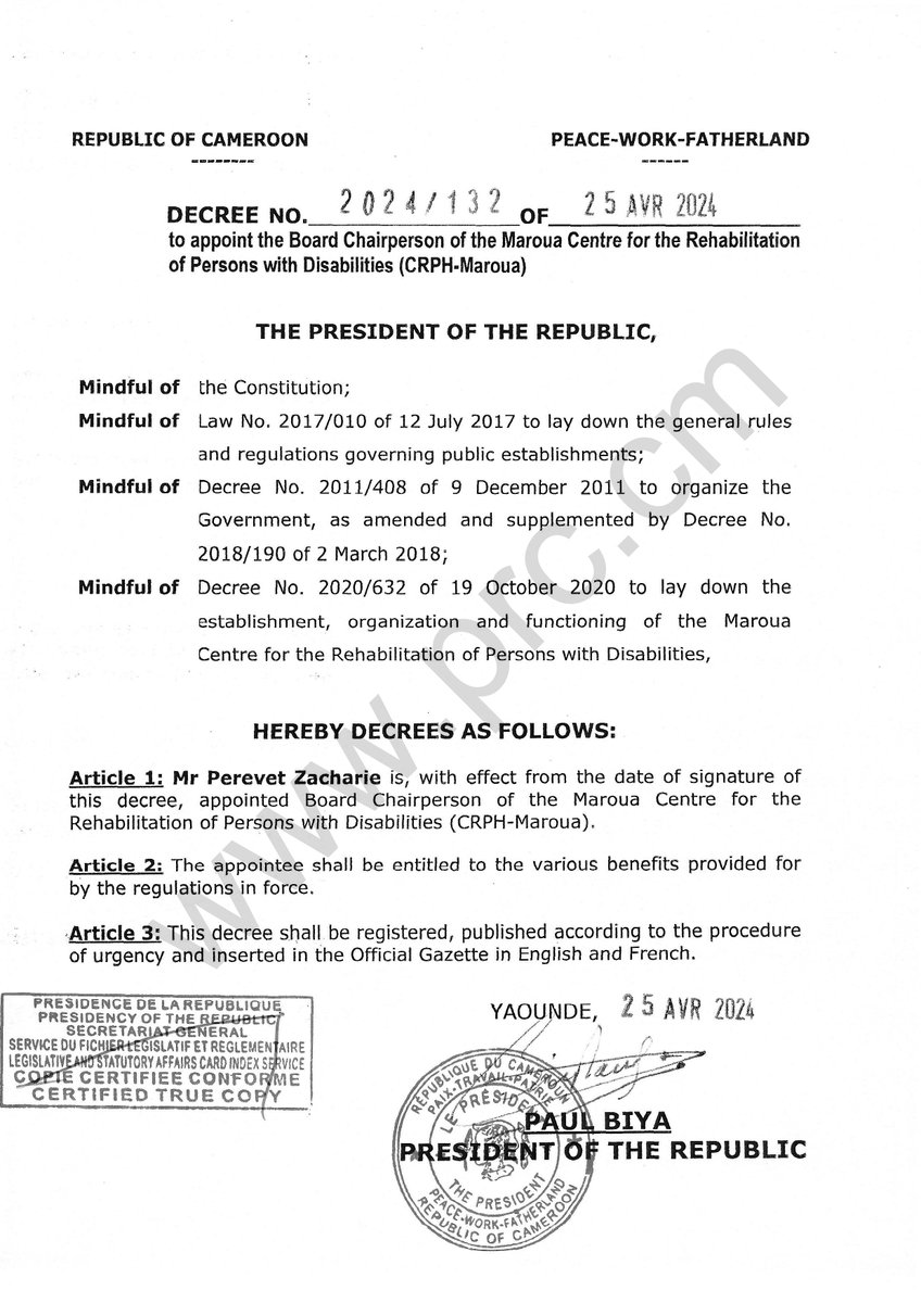 Decree to appoint the Board Chairperson of the Maroua Centre for the Rehabilitation of Persons with Disabilities (CRPH-Maroua) #PaulBiya #Cameroon