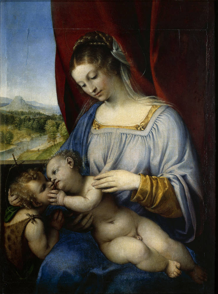 Madonna z Dzieciątkiem i św. Janem 1518r. Lorenzo Lotto Wzruszająca relacja między postaciami namalowanymi przez autora, który przez ponad 300 lat był zupełnie zapomniany. Odkryto go na nowo i doceniono, kiedy w 1887r. w weneckim archiwum odnaleziono jego testament. Drezno