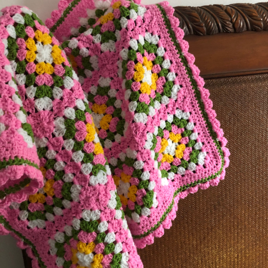 Handmade Crochet Granny Square Blanket 🌸 Inspired by a springtime meadow (definitely not Barbie 😂) It’s beautifully finished with a delicate edging, making it an ideal homemade gift for any occasion #MHHSBD #craftbizparty #womaninbizhour #UKMakers