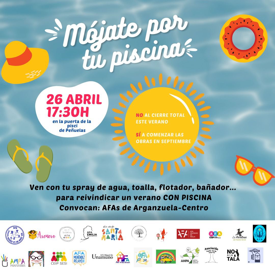 🛟Mañana Viernes 26 a las 17:30 trae tu toalla ⛱️ 👙🩲🔫💦 a la puerta de la piscina de #Peñuelas y 'Mójate por tu piscina'‼️ Para que @AlmeidaPP_ haga público el informe técnico y busque soluciones para no cerrar toda la piscina en verano @AmpaTirsoMolina @afadelsesi