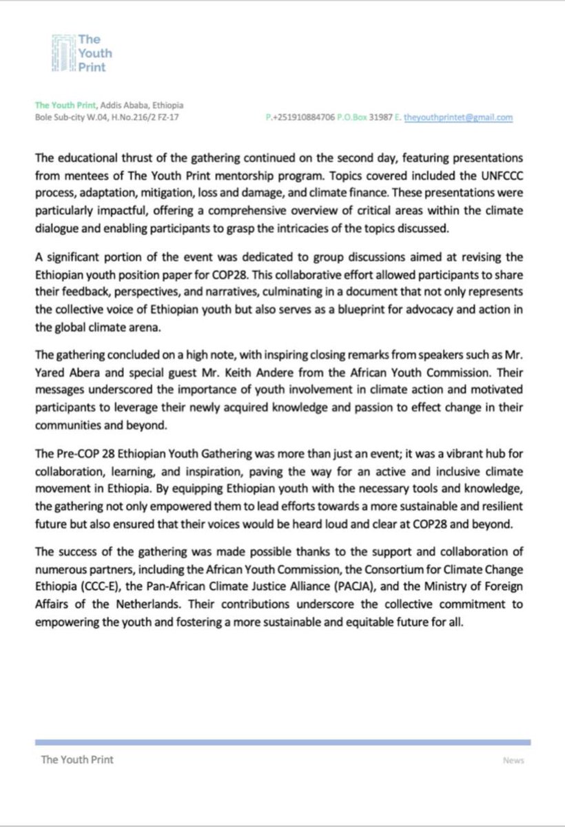 Check out our Pre-COP 28 Ethiopian Youth Gathering - The Youth Print- report too!!

Pre-COP 28 Ethiopian Youth Gathering: Strengthening the Potential of Ethiopian Youth for Climate Action in Leading up to COP 28. 

#EthiopianYouthLead #ClimateAction #AACJinAction #PACJA #CCCE