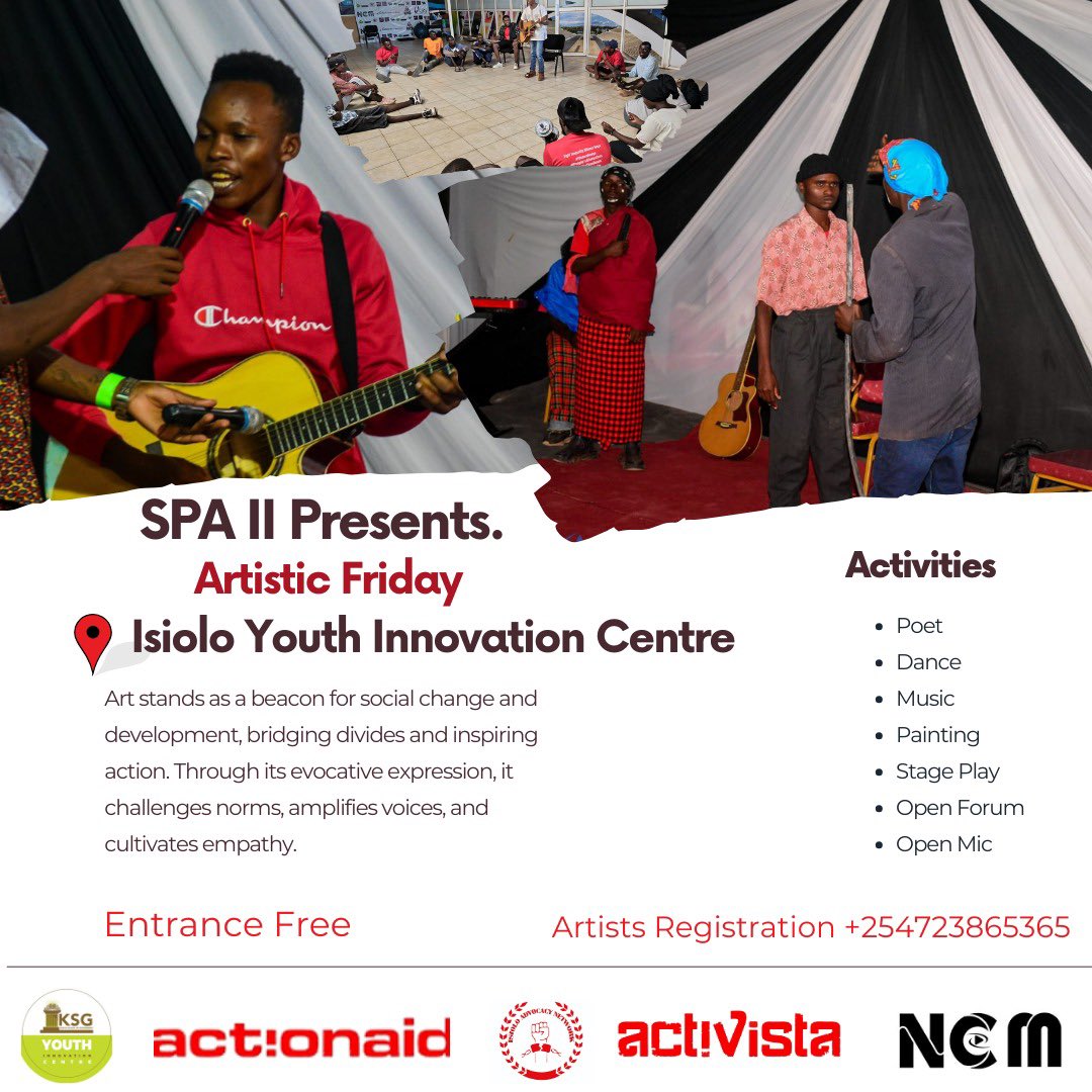 Art for Social Change! Join us tomorrow for Artistic Friday, where creativity is our tool for advocacy and empowerment. #ArtisticFriday #socialjustice ⏰ 2:00 p.m - 5:00 p.m 📍 Isiolo innovation Center. See you then!