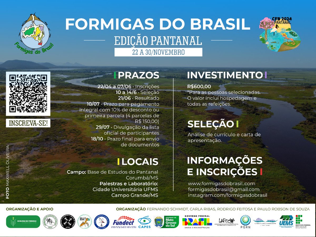 Juntem-se a nós na Edição Pantanal do maior curso de formação de mirmecólogos na América Latina! Inscrições abertas!

Programação e informações: formigasdobrasil.com/cfb/edicao-202…