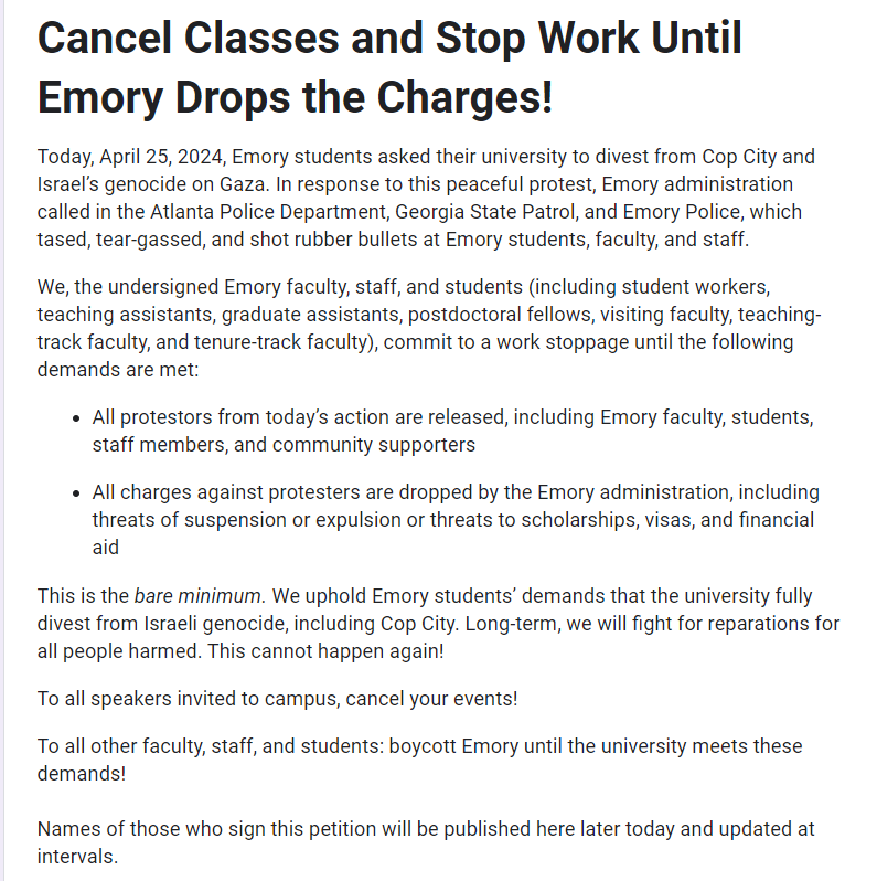 Attention Emory faculty, staff, students, alumni, please sign &amp; share this statement demanding that Emory drop the charges against protestors!

"We uphold Emory students’ demands that the university fully divest from Israeli genocide, including Cop City." 
docs.google.com/forms/d/e/1FAI…