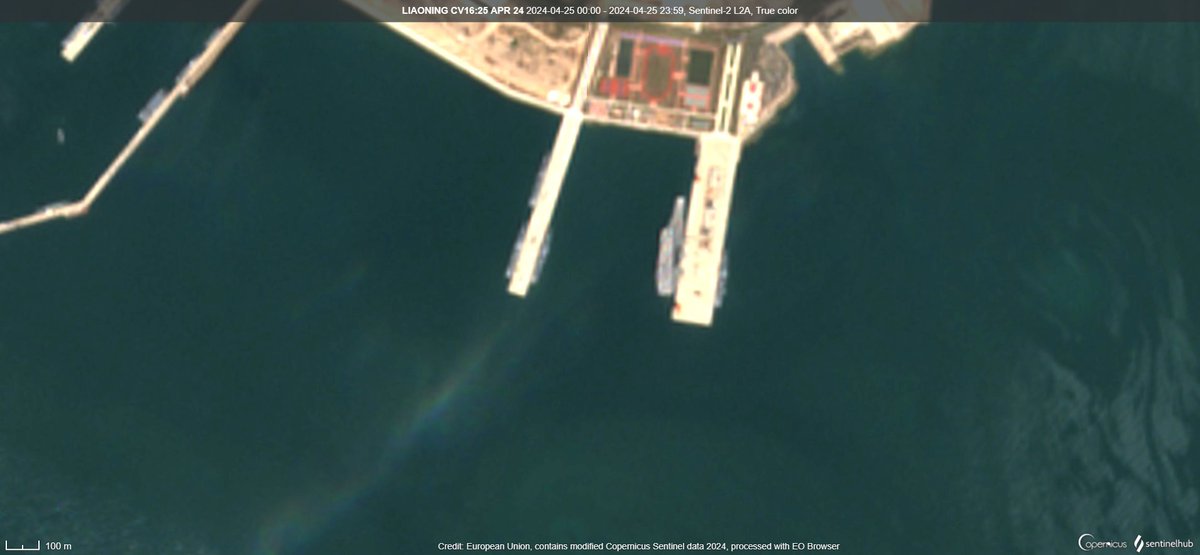 As predicted earlier on 23 Apr 24. #Liaoning #CV16 alongside at her base Port #GuzhenBay on 25 Apr 24:02:57:56 UTC. The Carrier completed ~ 14 months of refit/maintenance at #DSIC #Dalian wef 28 Feb 23. 📸#Sentinel2 🛰️ @Moochikal @raje271065 @BerrySuraj @AllSourceA @Maxar @planet