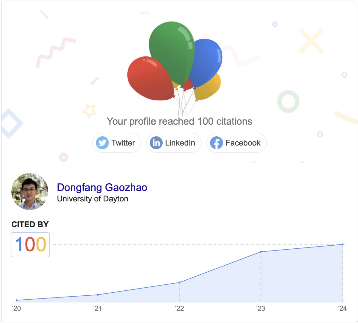 dgaozhao's tweet photo. Feeling truly grateful today 🌟 My research has reached 100 citations on Google Scholar. Thank you to all my peers, mentors, and the academic community for engaging with my work. #AcademicJourney https://t.co/K6OssnPhIH