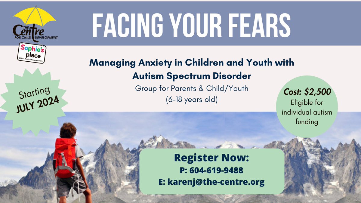 Starting July 2024, we will be offering a new group: Facing Your Fears, an evidence-based program for children & youth with #Autism and #anxiety and their parents. To register or for more information, contact Karen Janzen: 604-619-9488 or karenj@the-centre.org.