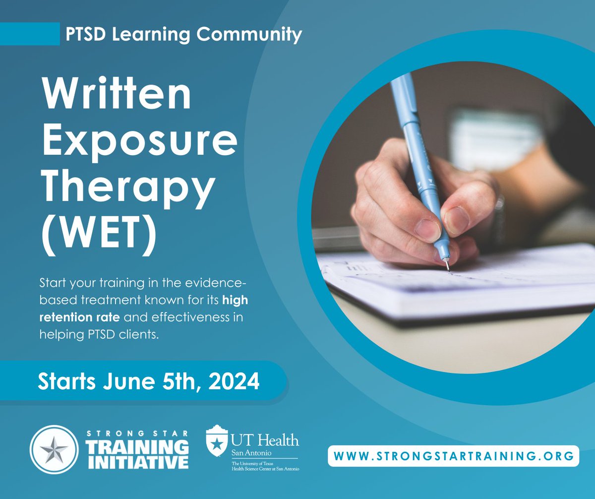 Start your training in Written Exposure Therapy (WET) this summer! ☀️ Our next WET Learning Community begins on June 5-6th, 2024.
Enroll today and discover how this five-session treatment can make a lasting impact on your clients with #PTSD.
Learn more at: strongstartraining.org/upcoming-event…