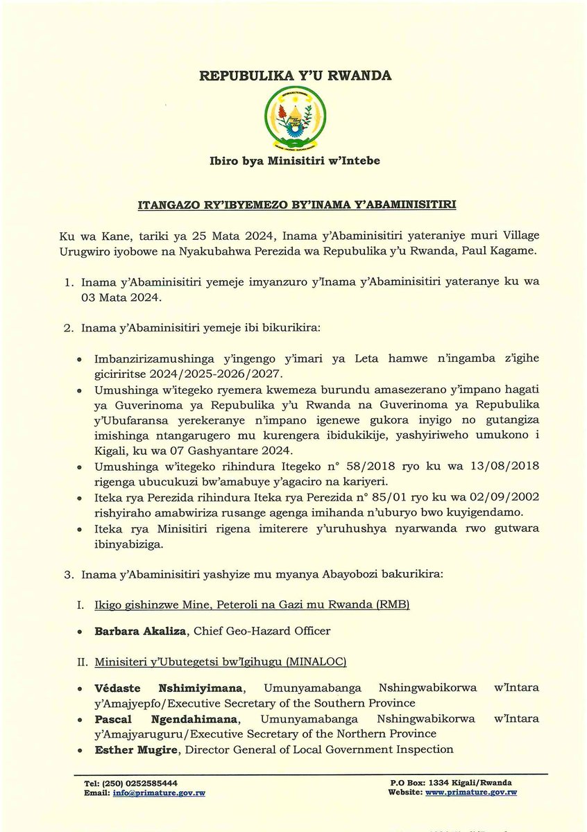 PrimatureRwanda's tweet photo. Itangazo ry'Ibyemezo by'Inama y'Abaminisitiri yo ku wa 25 Mata 2024 https://t.co/T48mYmf3jX