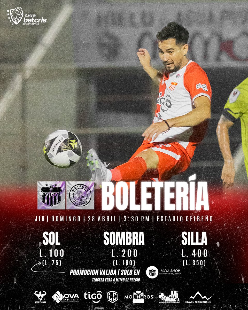 cdsvidaoficial's tweet photo. Jornada 1️⃣8️⃣
@lnfphonduras 
🆚 @MOTAGUAcom 
🗓️ Dom. - 28 Abril - 3:30 pm
🏟️ Est. Ceibeño
☀️ 𝐒𝐨𝐥 𝐋 𝟏𝟎𝟎 Promoción (75)
☂️ 𝐒𝐨𝐦𝐛𝐫𝐚 𝐋 𝟐𝟎𝟎 Promoción (160)
💺 𝐒𝐢𝐥𝐥𝐚 𝐋 𝟒𝟎𝟎 Promoción (350)
Promoción aplica solo al comprar tu boleto en  #VIDASHOP 🛍 https://t.co/zozU2nB6oE