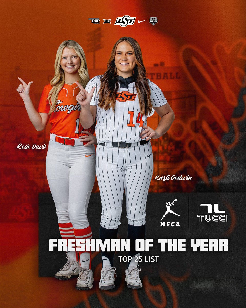 Started out as roommates, and now, Freshman of the Year Top 25 finalists 🤠 Both @_RoseDavis2023 and @karligodwin2 have been named to the @NFCAorg Freshman of the Year Top 25 List 👑 📝 okla.st/3Ql83Yi #GoPokes | #REP