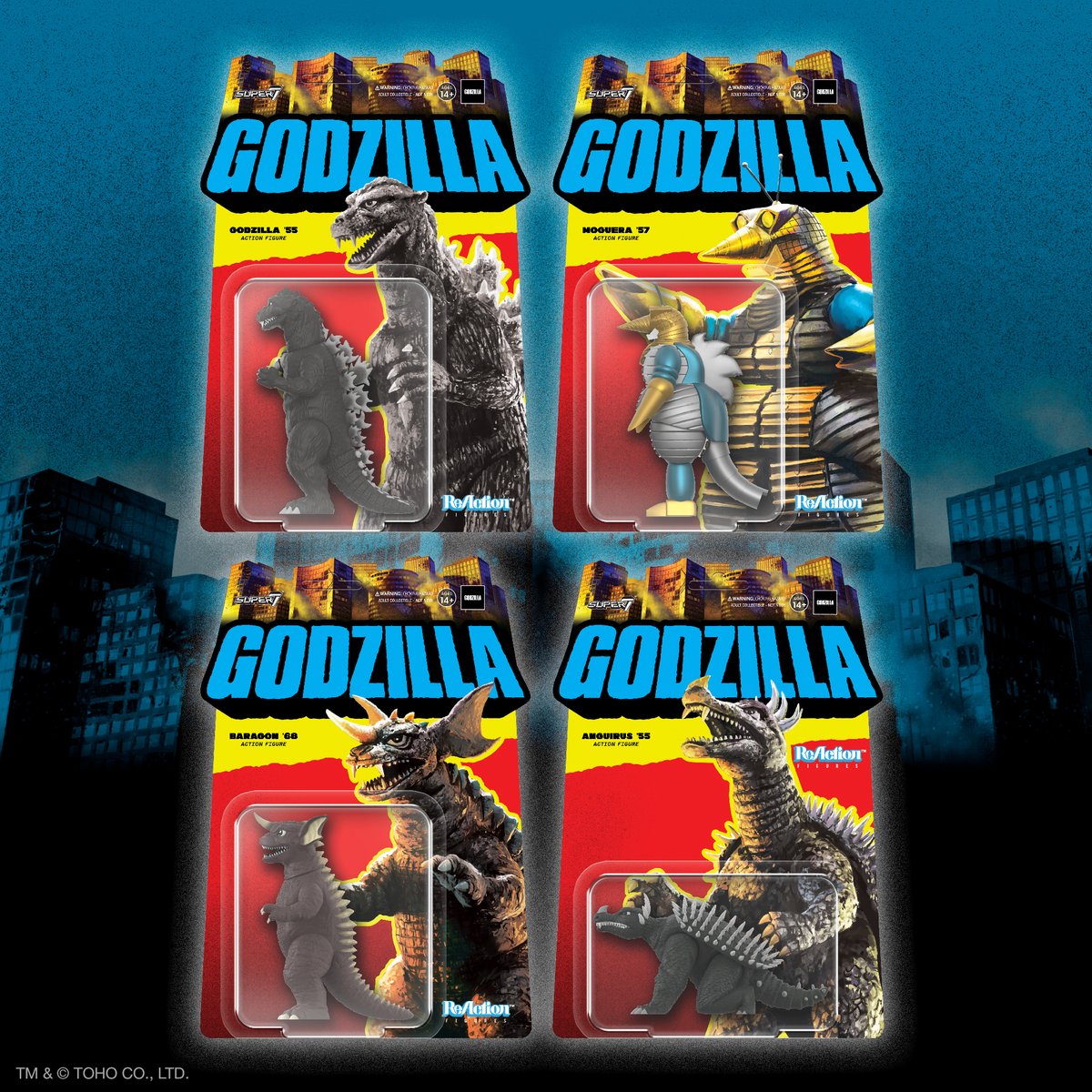 This articulated, 3.75” scale Toho ReAction Figure of Godzilla ‘55 comes in a grayscale color scheme, inspired by the kaiju’s appearance in the 1955 film Godzilla Raids Again. Available now at Super7.com! #Super7