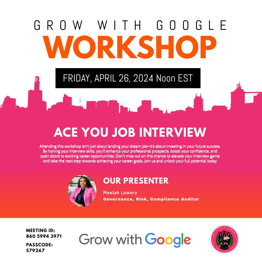 Time Change‼️ 'Ace Your Job Interview Workshop'👩🏽‍💼💼 offers invaluable insights into mastering every aspect of the interview process. 🧑🏽‍✈️👩🏽‍🔧👩🏽‍🚀

#EtaAlphaPi2015 #TheBiblebasedsorority #Sorority #christiansorority #job #career #interview #interviewskills #workshop #growwithgoogle