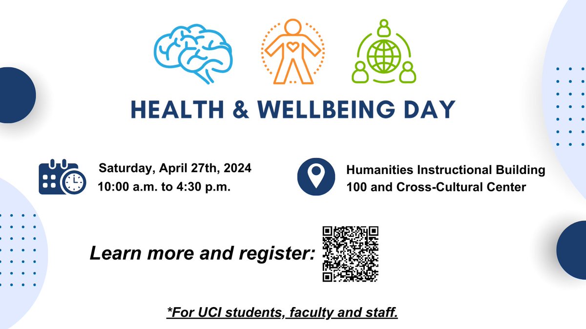 Join us this Saturday for the 2nd Annual Health & Wellbeing Day, a free special occasion dedicated to promoting #mentalhealth and wellness among UCI students, faculty and staff. Register: bit.ly/4aLTSUs