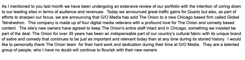 Internal memo from G/O Media CEO Jim Spanfeller about the sale of The Onion
