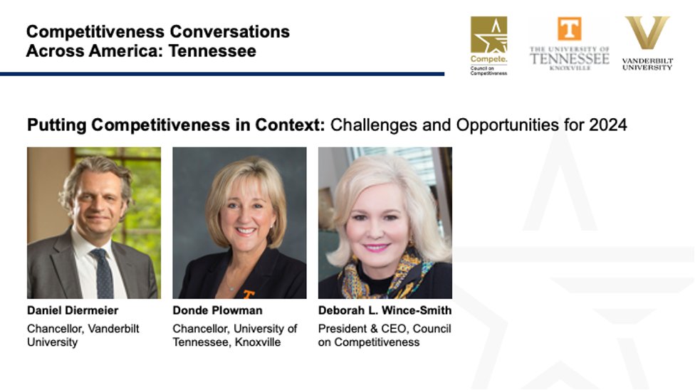 .@DwinceSmith outlines great transitions reshaping regional & nat’l innovation-based competitiveness. @VU_Chancellor & @DondePlowman help her kick off the Council’s inaugural #CompeteConvo by putting TN’s competitiveness in context. compete.org/tennessee ... cc: @chadevans1019