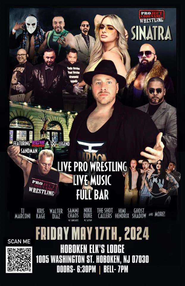 PROject_CW's tweet photo. #SINATRA comes to Hoboken, NJ on Friday, May 17!

Tix: https://t.co/R50x1JtNZK

Feat:
- ECW Icon The Sandman
- Women’s Wrestling
- King of The Scramble Match
- HOSS Fight
- Live Performances by Holiday N &amp; Cloudwalker
- Live Music by Deejay Khalil &amp; DJ Alvin Alvarez
- &amp; More! https://t.co/7SMK1ZKcq7