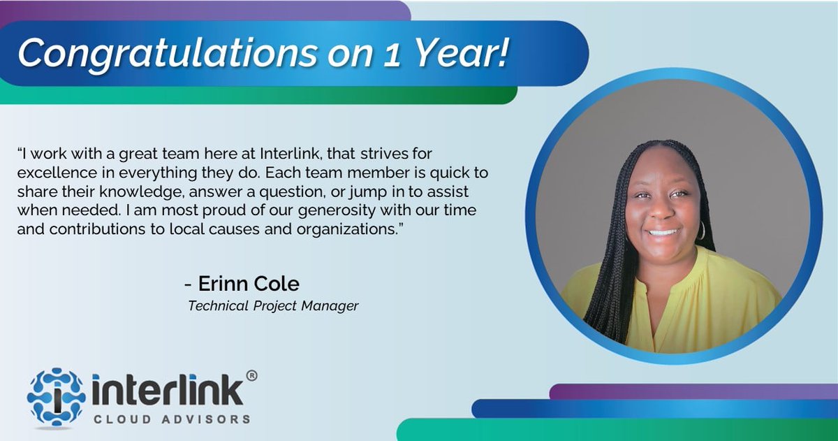 Wishing Erinn a very happy 1-year work anniversary! Her dedication and hard work coupled with a smiling demeanor and caring attitude personify the Interlink culture. 

#Interlink #Workaversary #employeeengagement #companyculture