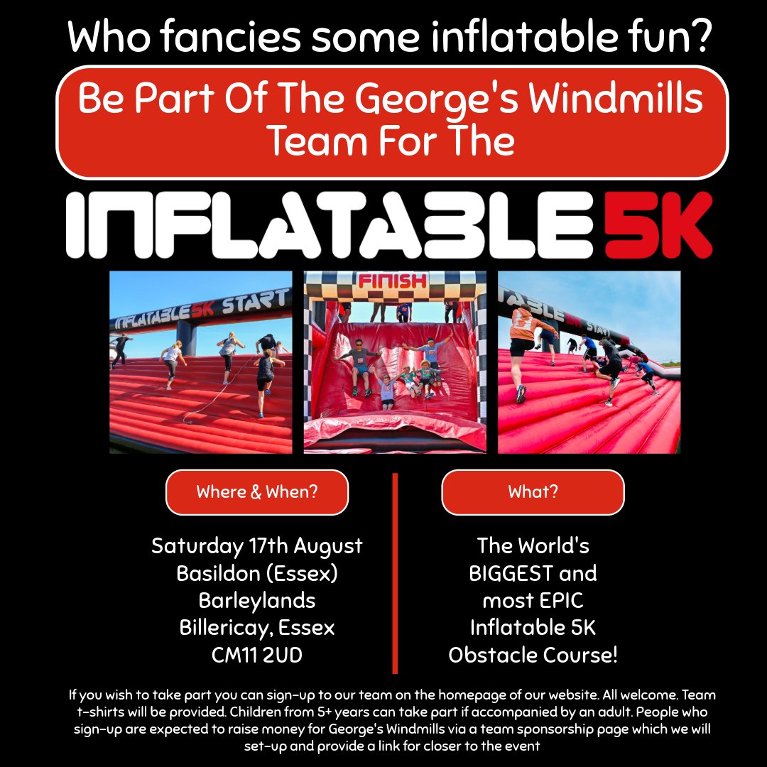 gswindmills's tweet photo. Another of our upcoming fundraisers for 2024 is the Inflatable 5K! Just visit our website's home-page to sign yourselves up #benfleet #fundraising #essex #basildon #southend #rayleigh #westcliffonsea #essexcharity #essexdaysout #orsett #battlesbridge #wickford #sickchildren https://t.co/w5Of4voExP
