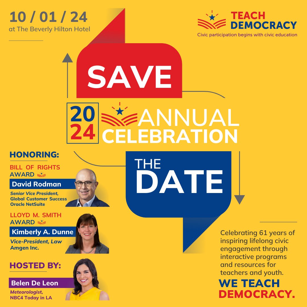 Teach Democracy is excited to announce the coming of our 2024 Annual Celebration on 10/01/24. This year's honorees: Kimberly Dunne and David Rodman, who have supported our mission to inspire lifelong #civicengagement through programs for teachers and youth. #TeachDemocracy