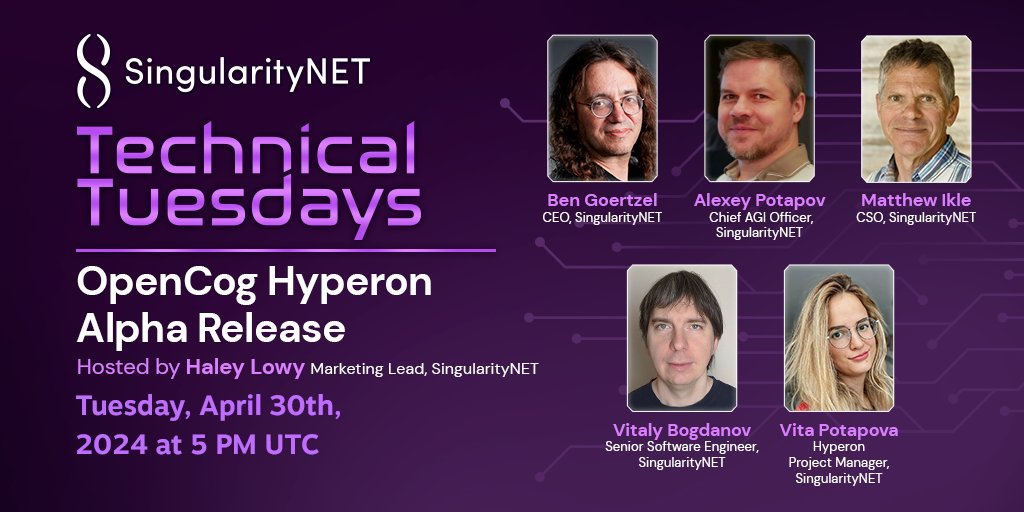Join us this Tuesday, April 30th, for a special 'SingularityNET's Technical Tuesdays' session to present and discuss the Alpha release of OpenCog Hyperon, our framework for AGI at the human level and beyond. Our panel of experts includes SingularityNET CEO Dr. @bengoertzel,