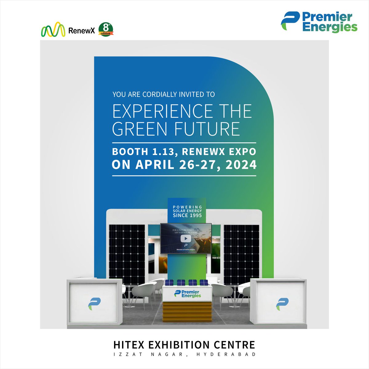 Innovation is in the air! Premier Energies is all set for the Renewx Expo 2024 in Hyderabad. Anticipation is high as we prepare to unveil avant-garde advancements and sustainable solutions to drive the future forward. We invite you to discover more at Booth No 1.13.
#LetsGoSolar