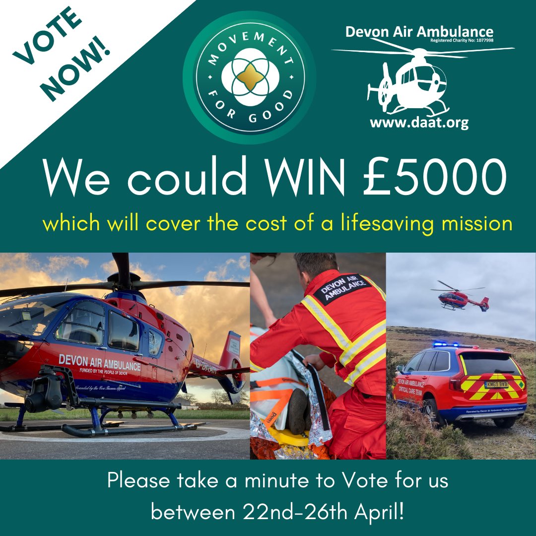 Please nominate us for a chance to win one of 10 x £5,000 prizes in a special ‘Health Draw’ for healthcare charities in the UK. A win of £5k for Devon Air Ambulance would be enough money to cover the cost of a lifesaving mission! Click here to vote: bit.ly/VOTEDAAHealthD…
