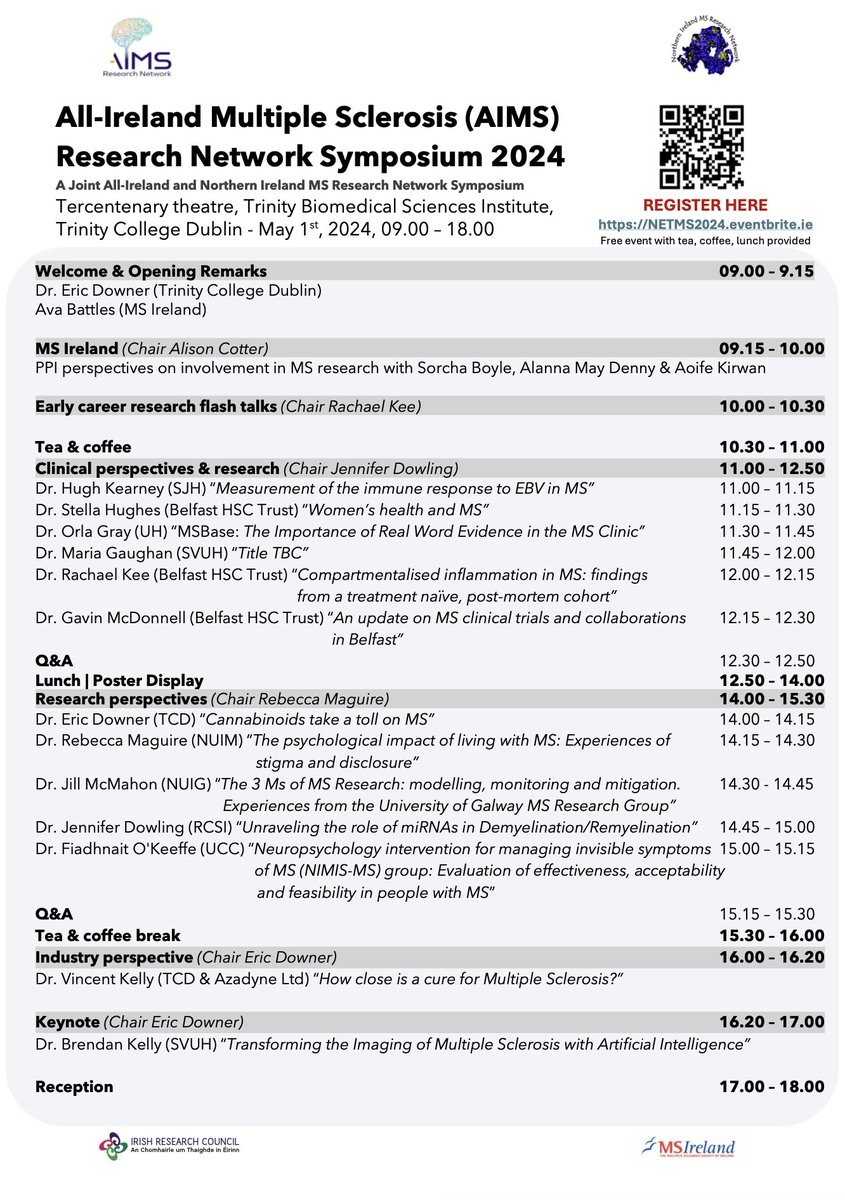 Next week we host the All-Ireland MS Research Symposium 2024 Where: TBSI, Trinity College When: May 1st (9.00–18.00) Attendance is free & open to all. Coffee, lunch and refreshments included. Register at the QR code on the poster or lnkd.in/eraFWrtQ