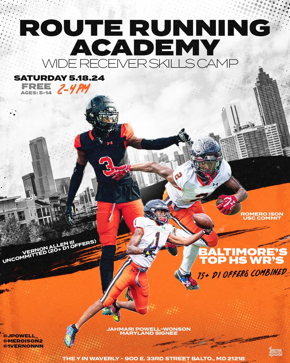 Route Running Academy ⚡️ FREE 1-Day WR Camp that will take your WR play to the next level! Learn from some TOP HS WR’s IN THE STATE! 3⭐️ Jahmari Powell-Wonson | Maryland signee 4⭐️ Romero Ison | USC Commit 3⭐️ Vernon Allen | Uncommited (20+ offers) REGISTER NOW! LINK IN BIO!