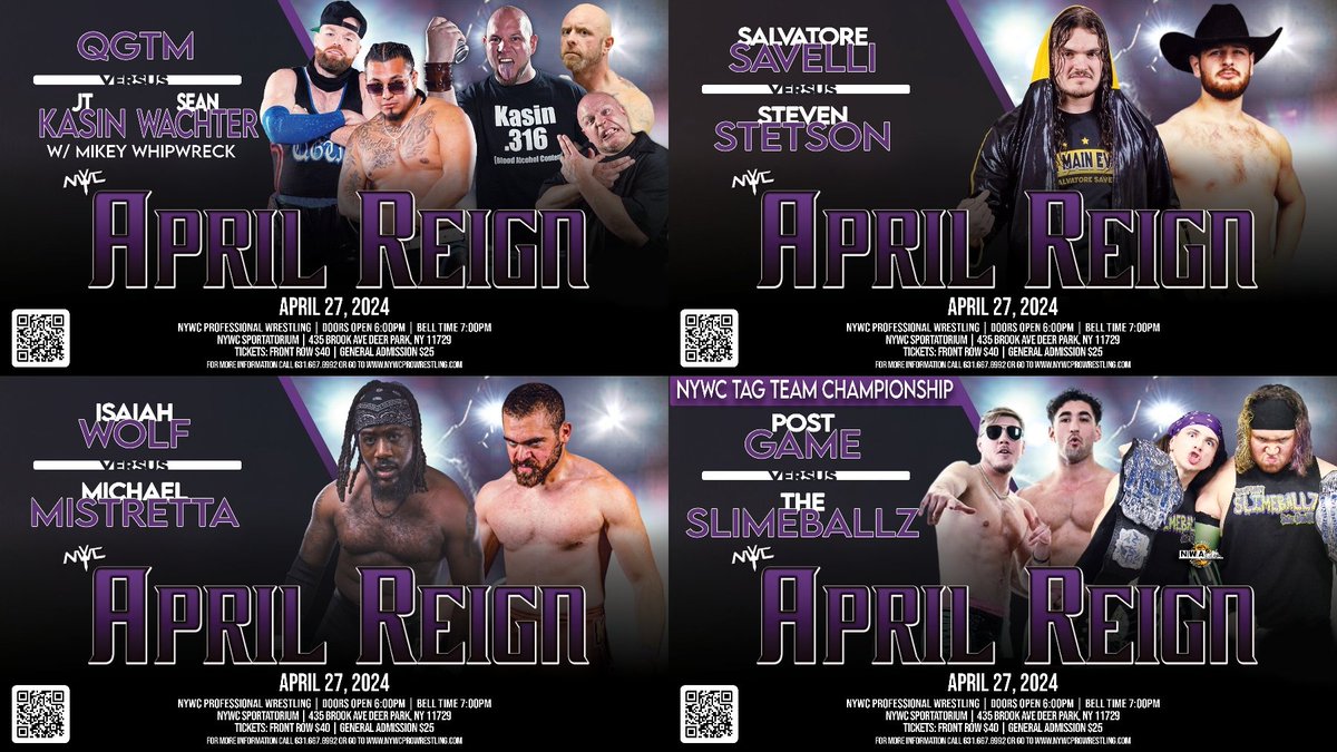 This Saturday NYWC is back for April Reign!💛🌧

Featuring 
<a href="/JoeyConway_/">📍Joey Conway📍</a> 
<a href="/SlimetimeTommy/">Slimetime Tommy</a> 
<a href="/slimeballsage/">SLIMEBALL SAGE🦠</a> 
<a href="/nobodysbetta/">Michael Mistretta</a> 
<a href="/MikeyWhipwreck_/">🔥Mikey Whipwreck🔥</a> 
<a href="/CoopValentine_/">Cooper Valentine</a> 
<a href="/RuthlessLaLa/">MzWhatThatLariatDo ラリアット神🇬🇧🇳🇱🇩🇪🇨🇦</a> 
<a href="/AmityLaVey666/">𐕣 𝔸𝕞𝕚𝕥𝕪 𝕃𝕒𝕍𝕖𝕪 𐕣</a> 
<a href="/SalSavelli/">Salvatore Savelli</a> 
<a href="/TheIsaiahWolf/">Isaiah Wolf</a> 
<a href="/Steven_Stetson_/">The One and Only New Jersey Cowboy💸</a> 
&amp; more!

🎟: nywcprowrestling.com
