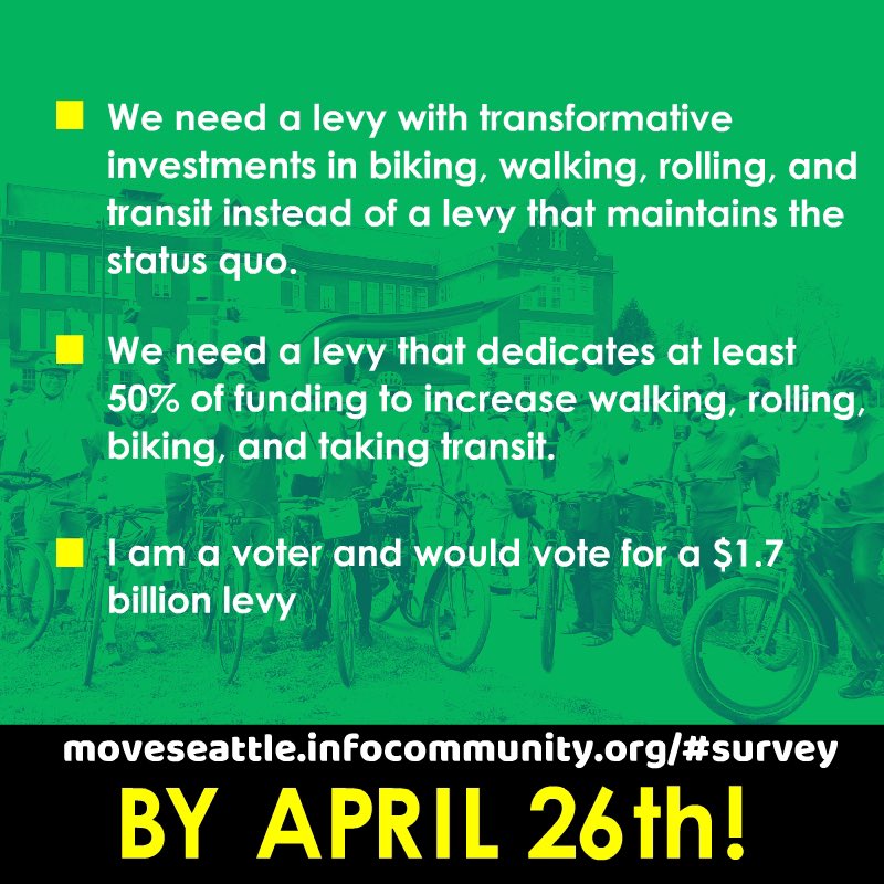 Tomorrow is the last day to comment on Seattle’s Transportation Levy proposal before a final version is presented to City Council. 

Now is the time to make your voice heard!

Complete SDOT’s Survey: moveseattle.infocommunity.org/#survey