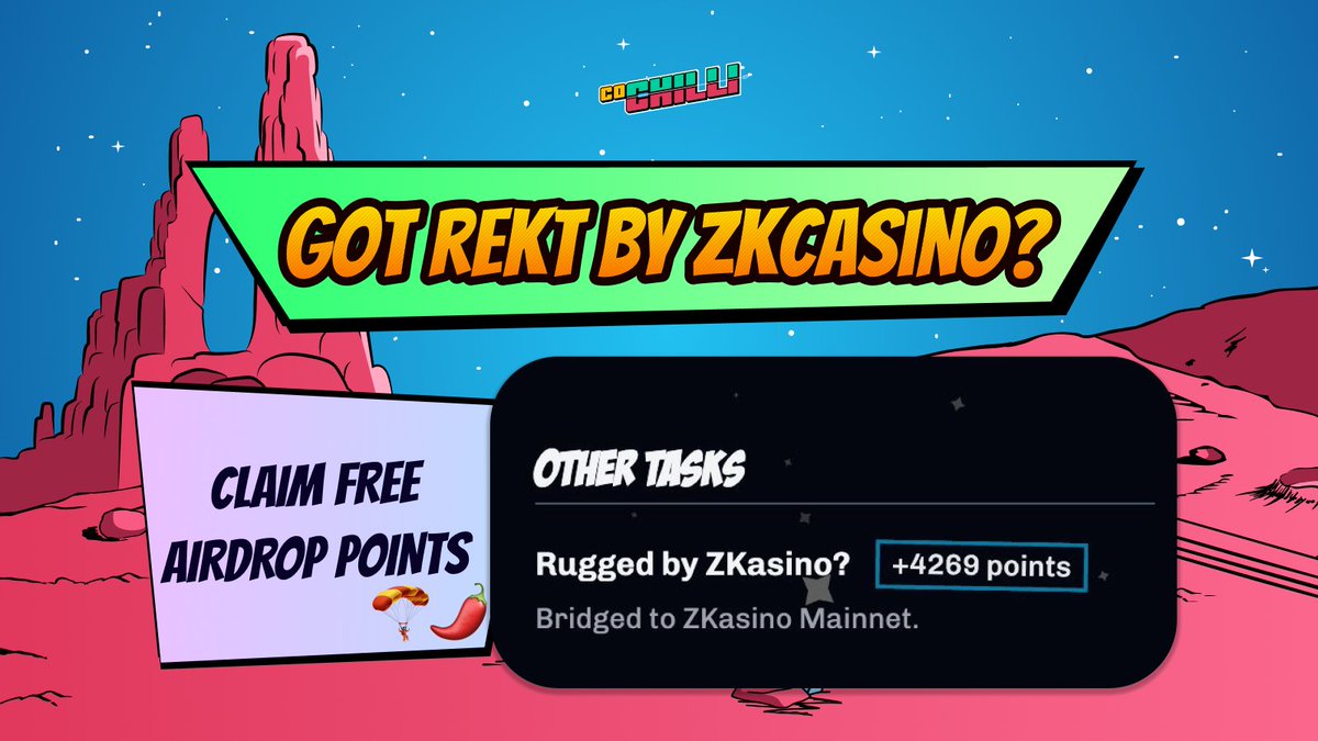 CoChilli_io's tweet photo. CoChilli Gift For ZKasino Saga Victims 🌶️

As part of the GambleFi community, we cannot remain on the sidelines. All affected users can now claim 4,269 airdrop campaign points for the upcoming $CHILLI token!

How to claim? 🪂

• Visit: https://t.co/T4UsJQ5Pfq
• Connect with the same wallet as you used in ZKasino
• Enjoy your free points