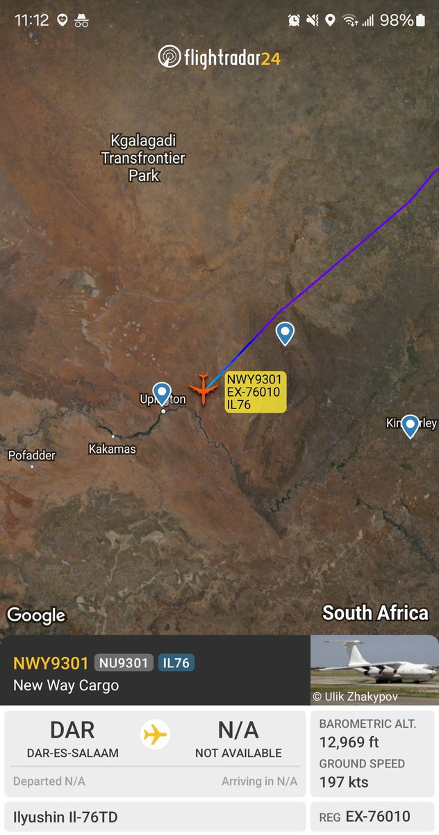 New Way Cargo Il-76TD EX-76010 #60111F as NWY9301 departed Dar-es-Salaam, now descending to Upington.

Interested in whether this one will join the other 2 in the #SANDF runs to Goma, if it's a replacement, or is unconnected. 
@Dinlas3 @IanECox