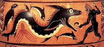 only ancient Greek image of a Mediterranean monk seal, ca 530 BC, upper left of sea monster (likely modeled on an oarfish