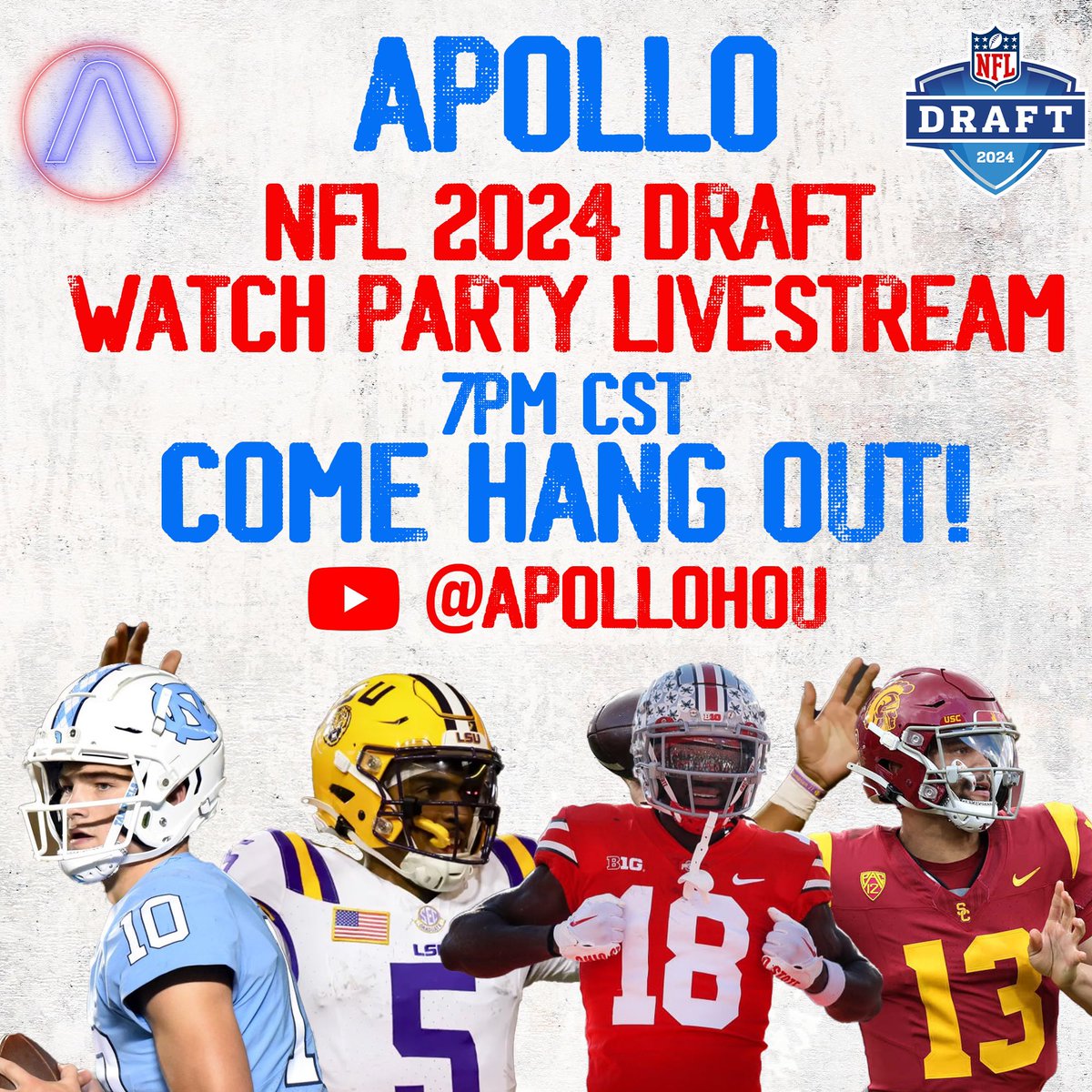 #NFLDraft NIGHT! Come hang with us tonight and tomorrow as we react to all the picks LIVE! YouTube @ ApolloHOU 🏈