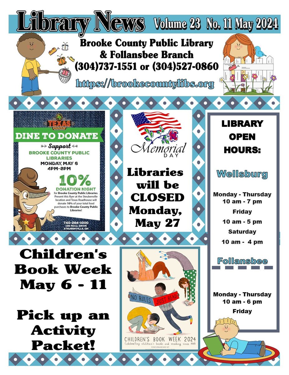 BrookePublic's tweet photo. May 2024 Newsletter
To register for programs online, visit https://t.co/4Geu9AeZ23
To see what you can do &/or access with your library card from the comforts of your home, visit https://t.co/e3B4A7VGVq
#WVLibraryProgramsRock
#SaveTheDates
#LibrariesRock
#ebooklove
1/5 https://t.co/8F8RyrJTpq