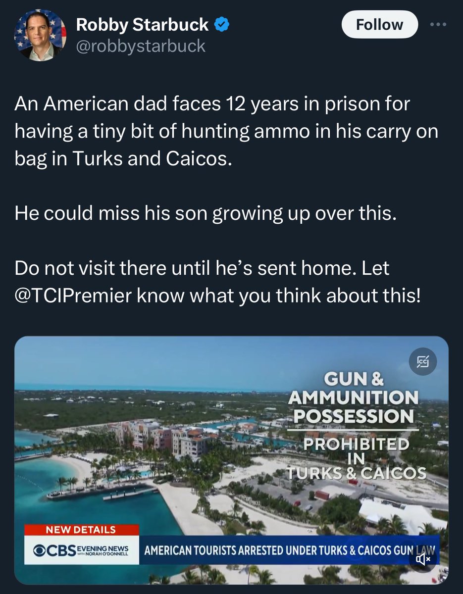 MAGAs out here trying to boycott Turks and Caicos because some dumbass American went there with ammo and got caught 🤣….here’s an idea…don’t go to foreign countries with ammo because your precious second amendment doesn’t apply outside this insane gun culture country