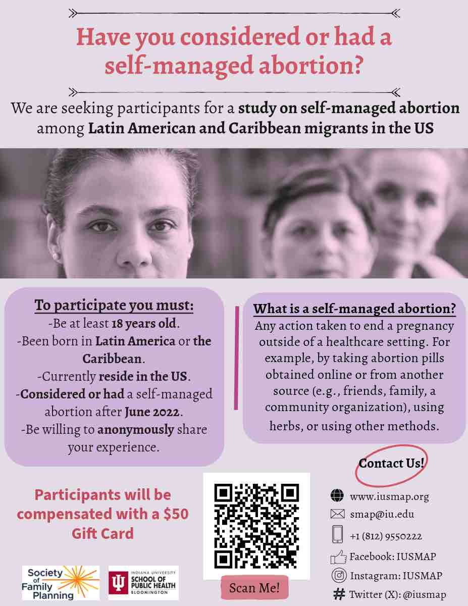 Researchers from Indiana University @iusmap are seeking participants for their study on self-managed abortion. You will receive a $50 gift card in appreciation for your time. Visit the study's website to participate or for more information! iusmap.org