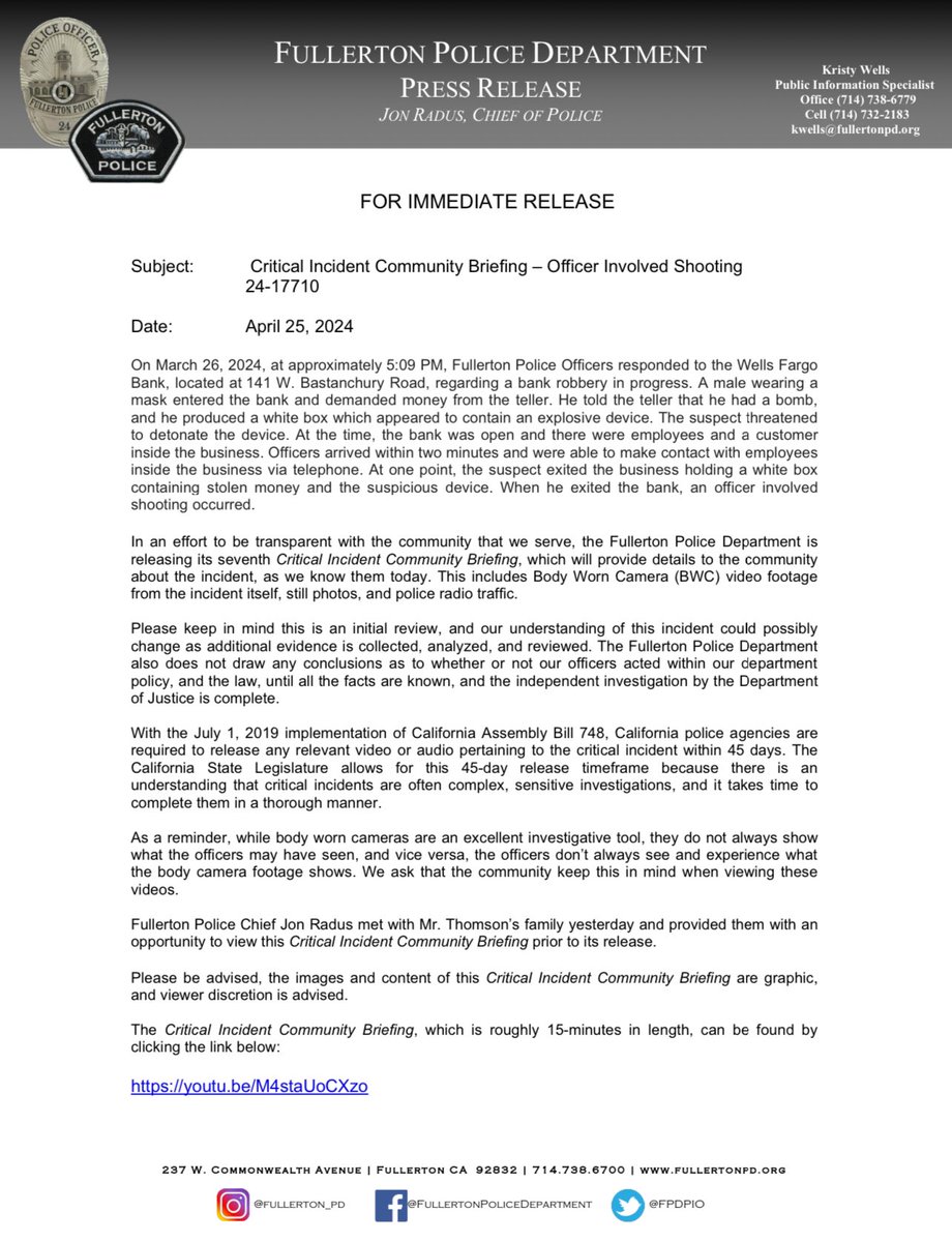 Press Release- Critical Incident Community Briefing – Officer Involved Shooting The video can be viewed using the following link,  youtu.be/M4staUoCXzo