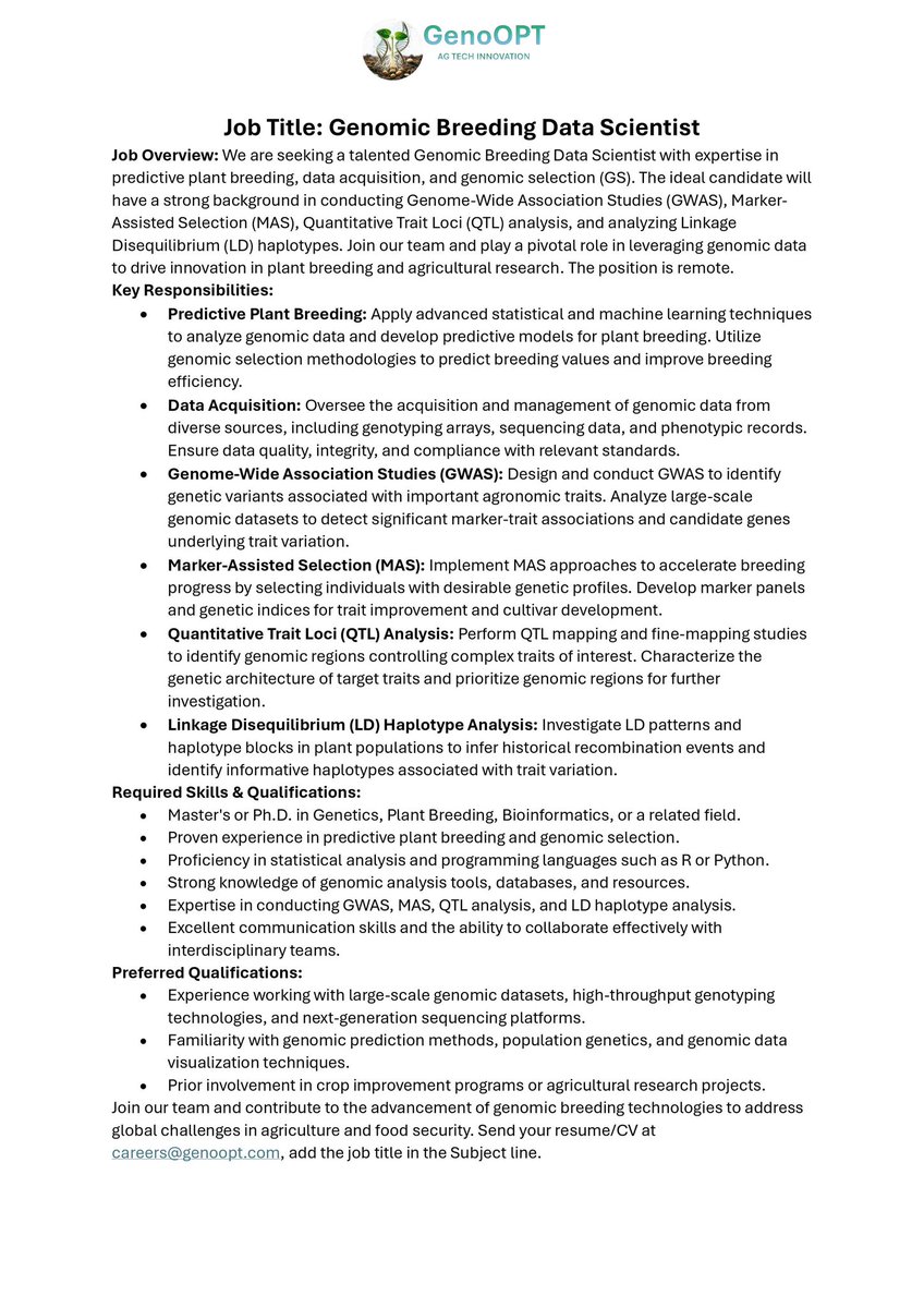 Avjinder89's tweet photo. 🌟#Job #Announcement GenoOPT 🌟
Apply at careers@genoopt.com with Job title in the subject line.  Remote positions!!

Genomic Breeding Data Scientist: https://t.co/oK6FBqig7J 

Senior/Bioinformatician: https://t.co/8jD4p1NEbM 

Quantitative Geneticist: https://t.co/0baaKeS66C https://t.co/AggP8hK0xO