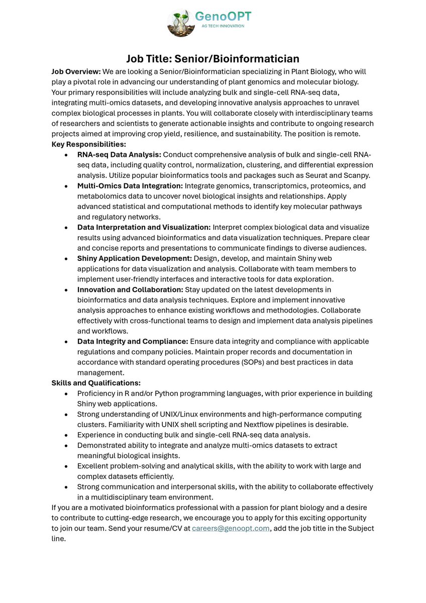Avjinder89's tweet photo. 🌟#Job #Announcement GenoOPT 🌟
Apply at careers@genoopt.com with Job title in the subject line.  Remote positions!!

Genomic Breeding Data Scientist: https://t.co/oK6FBqig7J 

Senior/Bioinformatician: https://t.co/8jD4p1NEbM 

Quantitative Geneticist: https://t.co/0baaKeS66C https://t.co/AggP8hK0xO