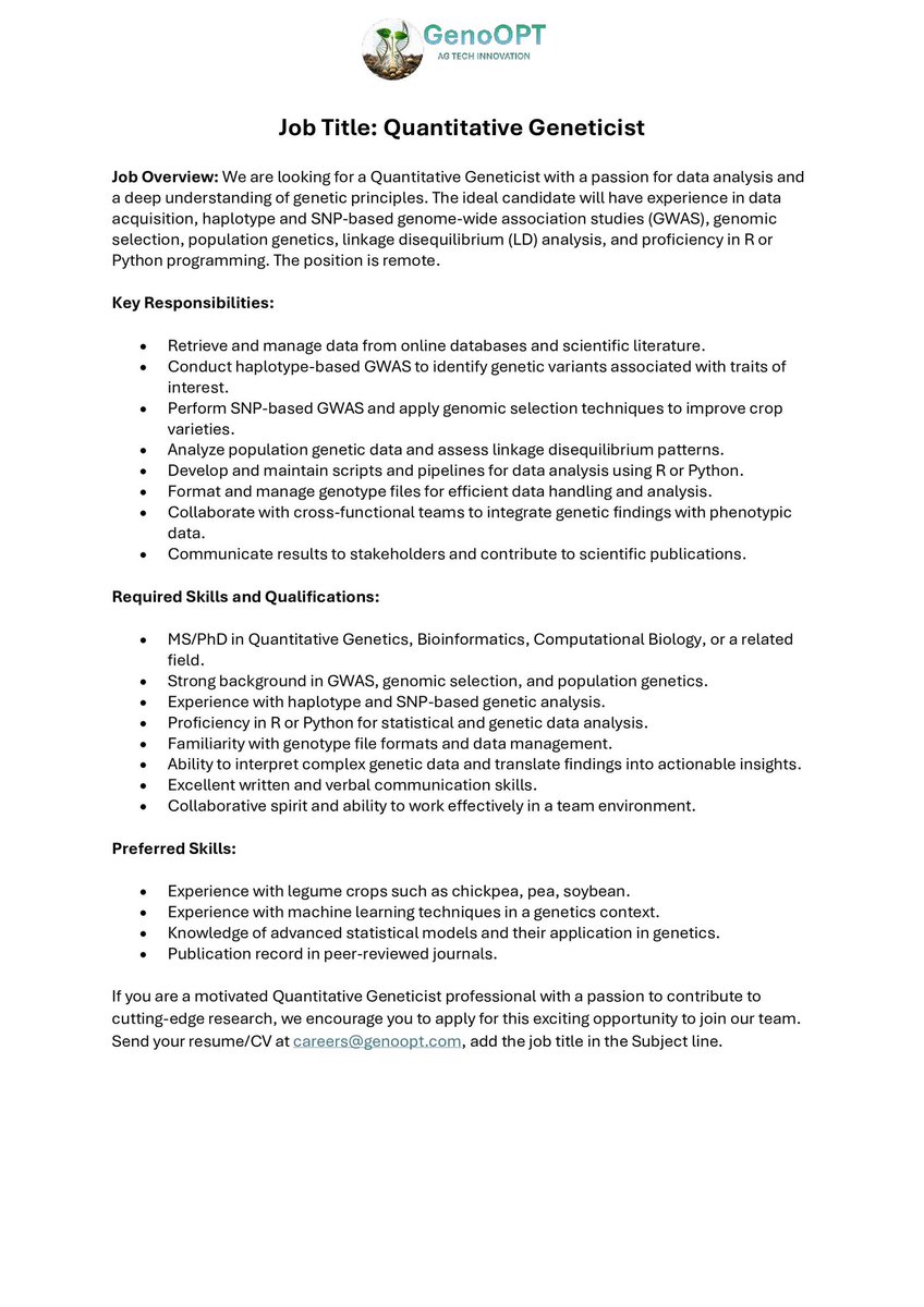 Avjinder89's tweet photo. 🌟#Job #Announcement GenoOPT 🌟
Apply at careers@genoopt.com with Job title in the subject line.  Remote positions!!

Genomic Breeding Data Scientist: https://t.co/oK6FBqig7J 

Senior/Bioinformatician: https://t.co/8jD4p1NEbM 

Quantitative Geneticist: https://t.co/0baaKeS66C https://t.co/AggP8hK0xO