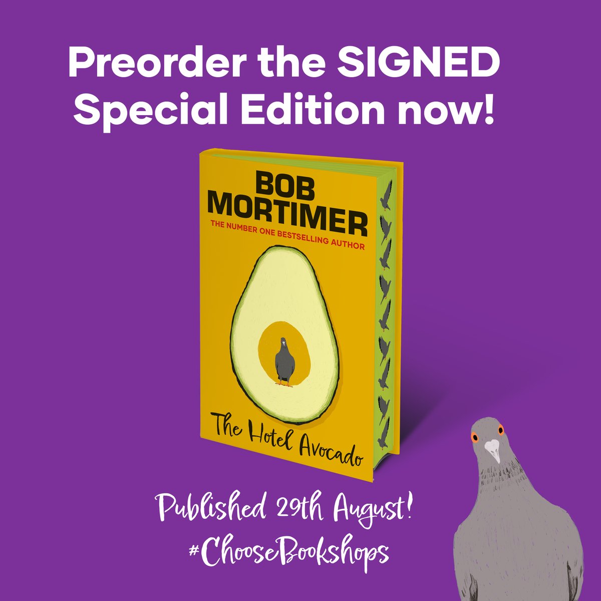I'm thrilled to tell you that we'll be getting special SIGNED editions of The Hotel Avocado, the brand new novel by that lovely Bob Mortimer @RealBobMortimer. The book has special sprayed edges, adorned with pigeons! Pre-ORDER HERE! biggreenbookshop.com/signed-copies/…