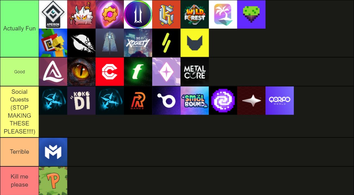inhuman's tweet photo. Play-To-Airdrop campaign tier list based on how enjoyable they were to participate in.  

Developers, there are lessons in this! It is so easy to make a fun airdrop campaign, consult real gamers :) https://t.co/hc4P3Www4d