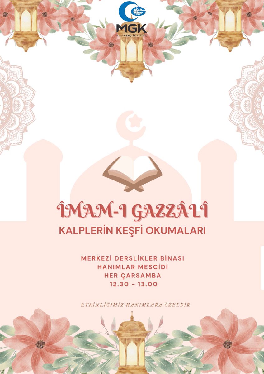 Milli Gençlik Kulübü Hanımlar Komisyonu olarak düzenlediğimiz Îmam-ı Gazzâlî’nin kaleme aldığı “Kalplerin Keşfi” kitabını okuyup anlamaya ve yaşamaya sizleri davet ediyoruz.🌷 

🌻Her Çarşamba 12.30-13.00 

📍Merkezi Derslikler Binası Hanımlar Mescidi