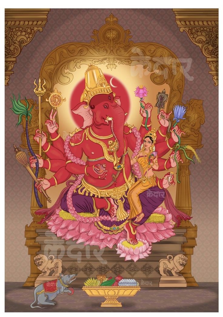 That destroyer of obstacles, Shri Ganapati is रक्तवर्ण. He is wear red clothes and flower garland and Even jewellery. HE is Lambodar and there is a moon-shaped crown on his head; He has three eyes and small hands and legs;