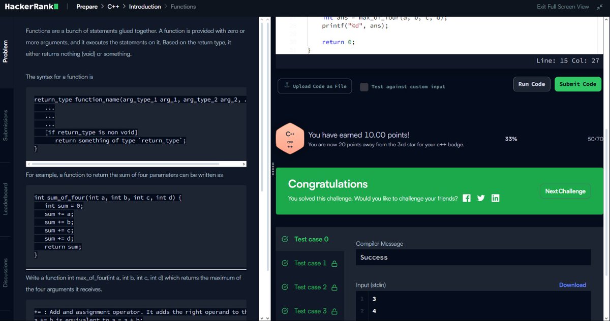 Day 10 of #100DaysOfCode 💪
1/10th of my way in the challenge.

✅Solved Power of 2 Question.
✅Learned about Switch Statement.
✅Solved Rupee Notes in an Amount Question.
✅Learned about Functions and it's usage.
✅Solved an hackerrank Question.

Time to do it again Tomorrow. 🤠