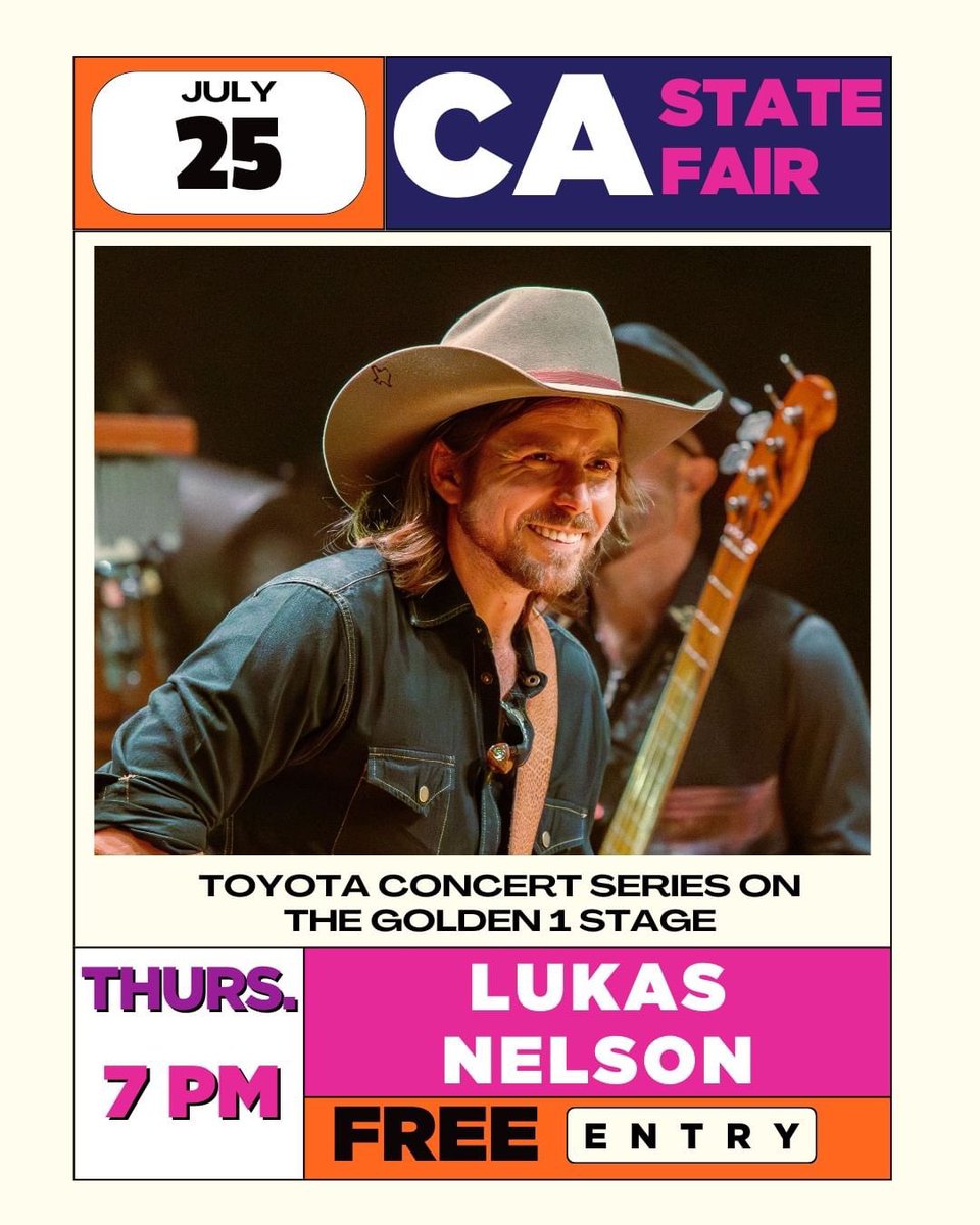 I can’t wait to play @CAStateFair for the Toyota Concert Series this summer! Learn more about the show at the link below and I’ll see you on July 25! bit.ly/CSFLukasNelson