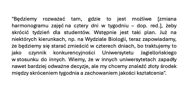 <a href="/bartekziaja95/">Bartek Ziaja</a> <a href="/RadioKrakow/">Radio Kraków</a> Przedstawiamy pełen kontekst wypowiedzi dot. skrócenia tygodnia studenckiego do czterech dni (cytat na podstawie briefingu prasowego z udziałem rektora elekta prof. Piotra Jedynaka z 25 kwietnia 2024 roku).